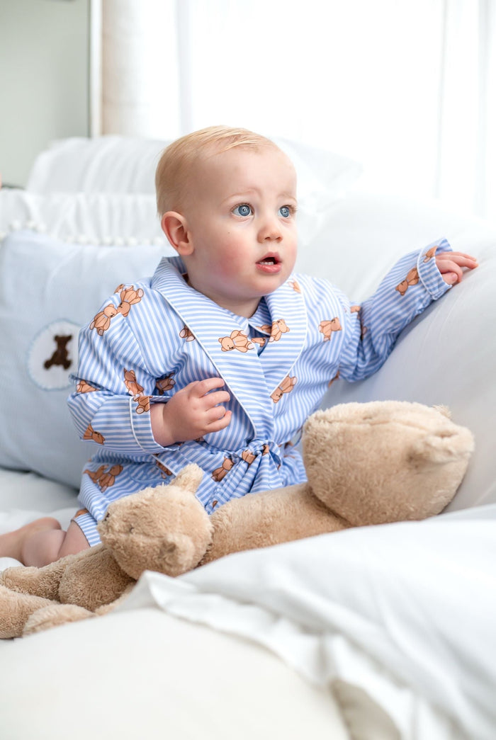Boys Blue Stripe Personalised Teddy Bear Dressing Gown