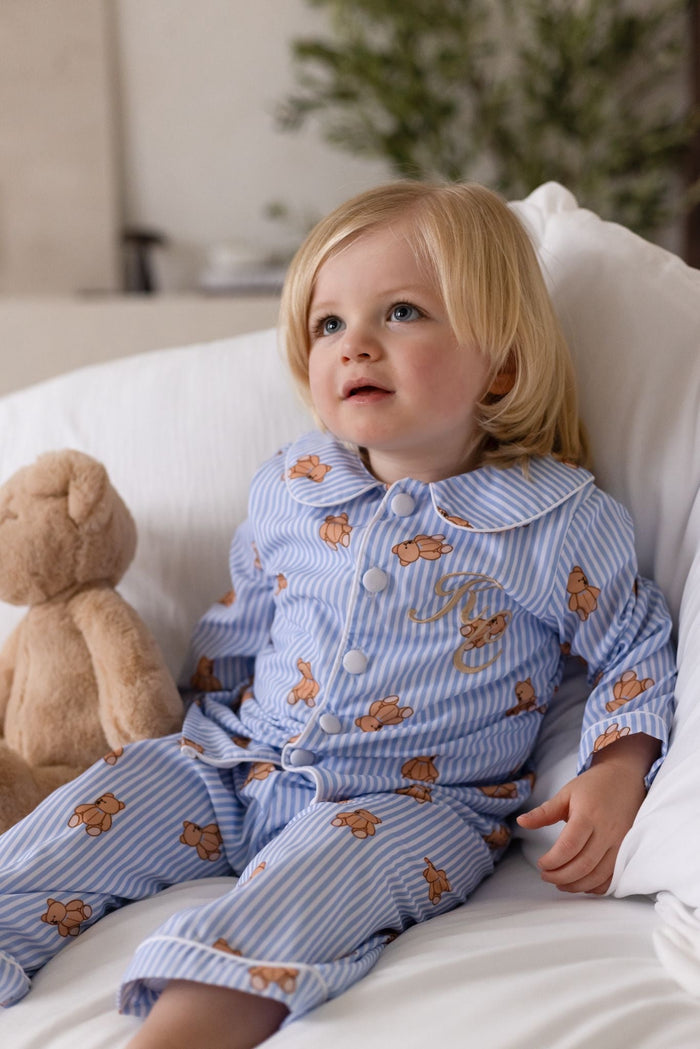 Boys Blue Stripe Personalised Teddy Bear Long Sleeve and Leg Pyjamas