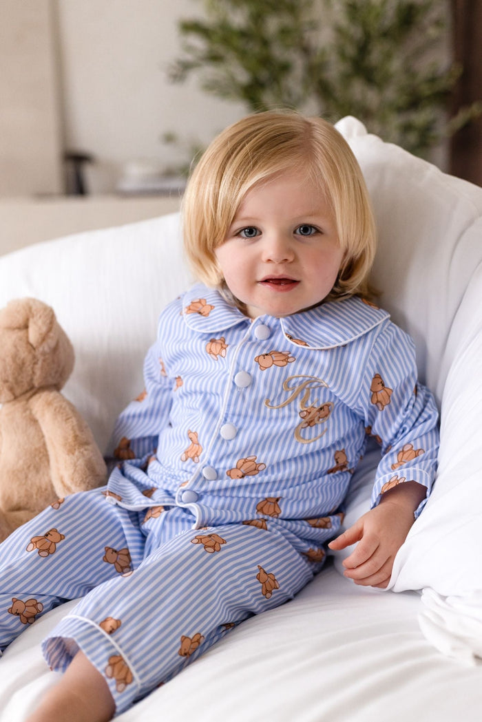 Boys Blue Stripe Personalised Teddy Bear Long Sleeve and Leg Pyjamas