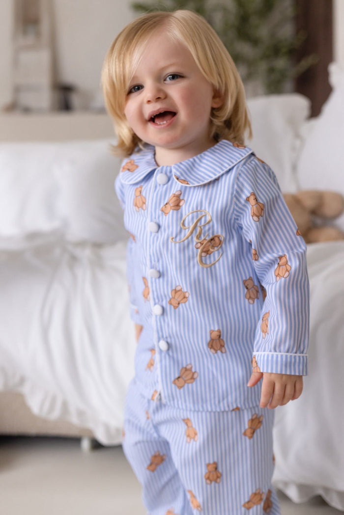 Boys Blue Stripe Personalised Teddy Bear Long Sleeve and Leg Pyjamas