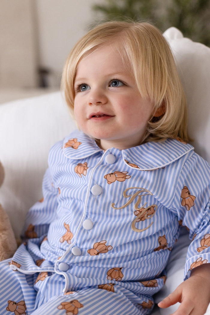Boys Blue Stripe Personalised Teddy Bear Long Sleeve and Leg Pyjamas