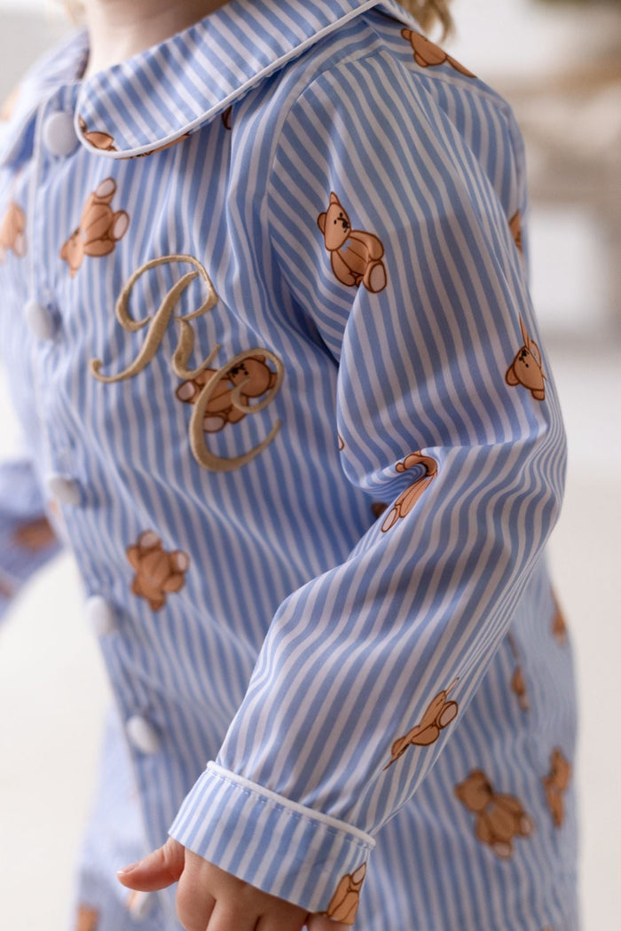 Boys Blue Stripe Personalised Teddy Bear Long Sleeve and Leg Pyjamas