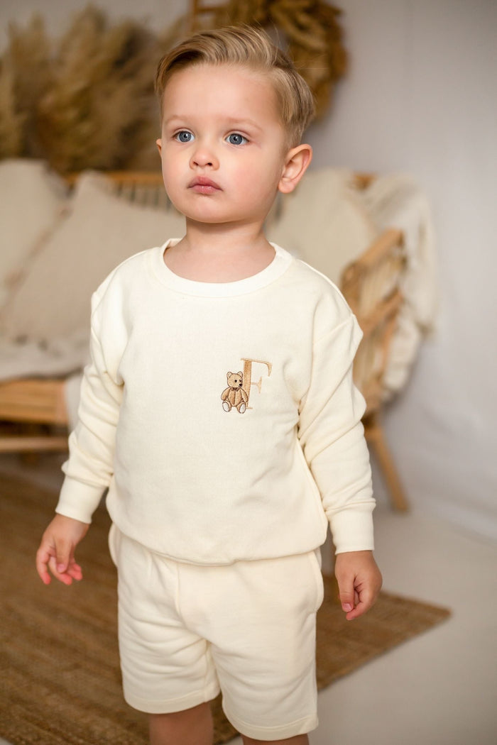Boys Buttercream Personalised Teddy Sweater and Short Set