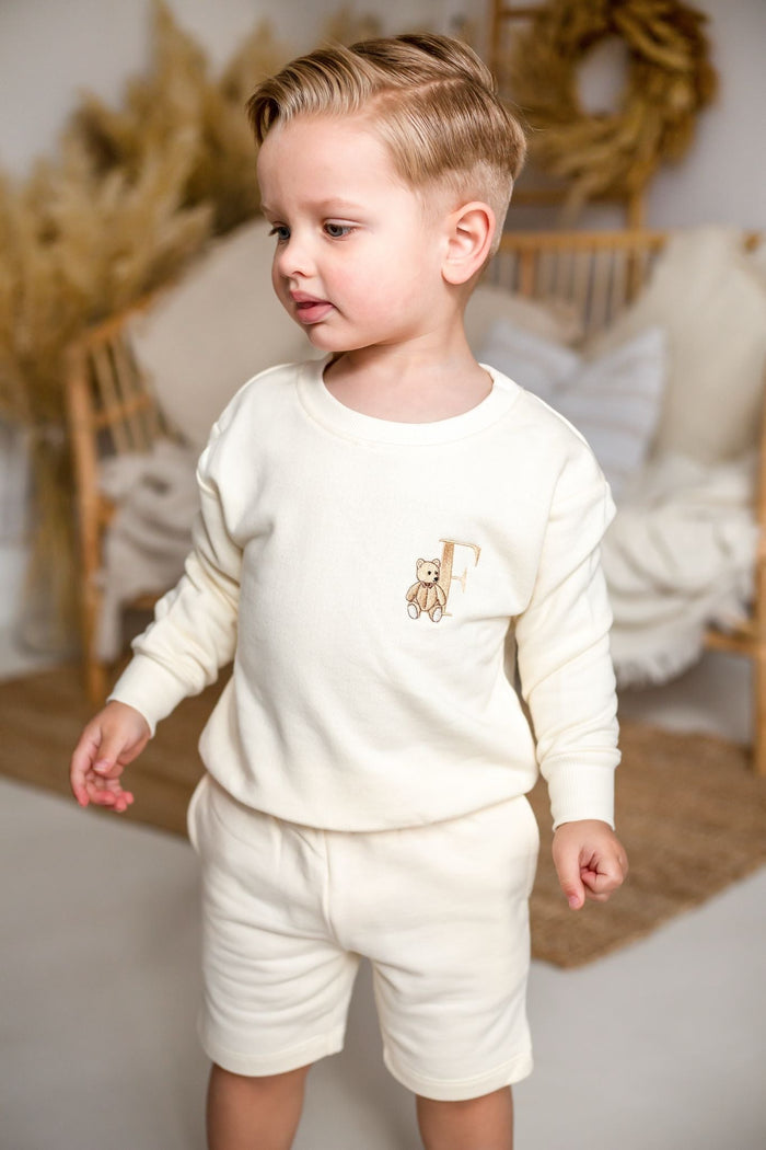 Boys Buttercream Personalised Teddy Sweater and Short Set