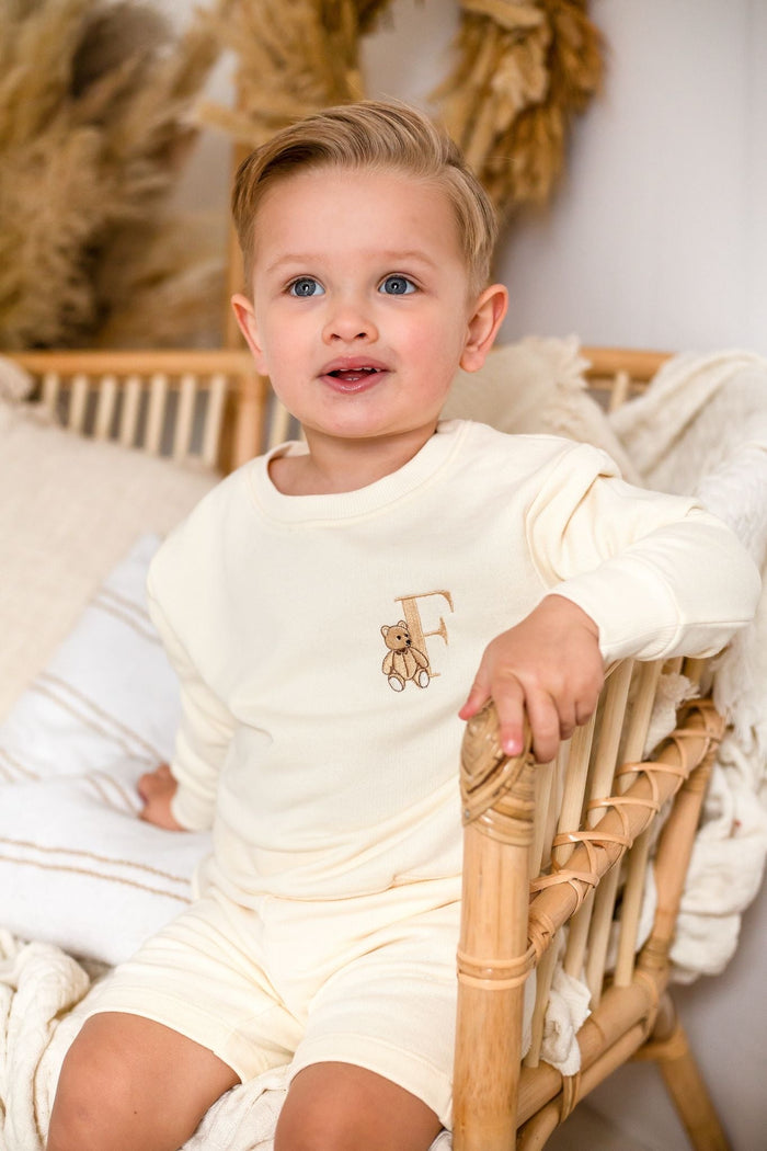 Boys Buttercream Personalised Teddy Sweater and Short Set