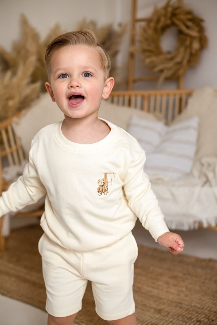 Boys Buttercream Personalised Teddy Sweater and Short Set