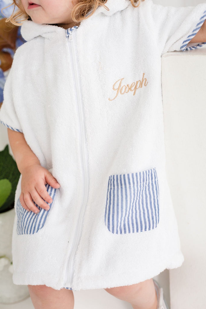 Boys Dark Blue Stripe Towelling Coverup