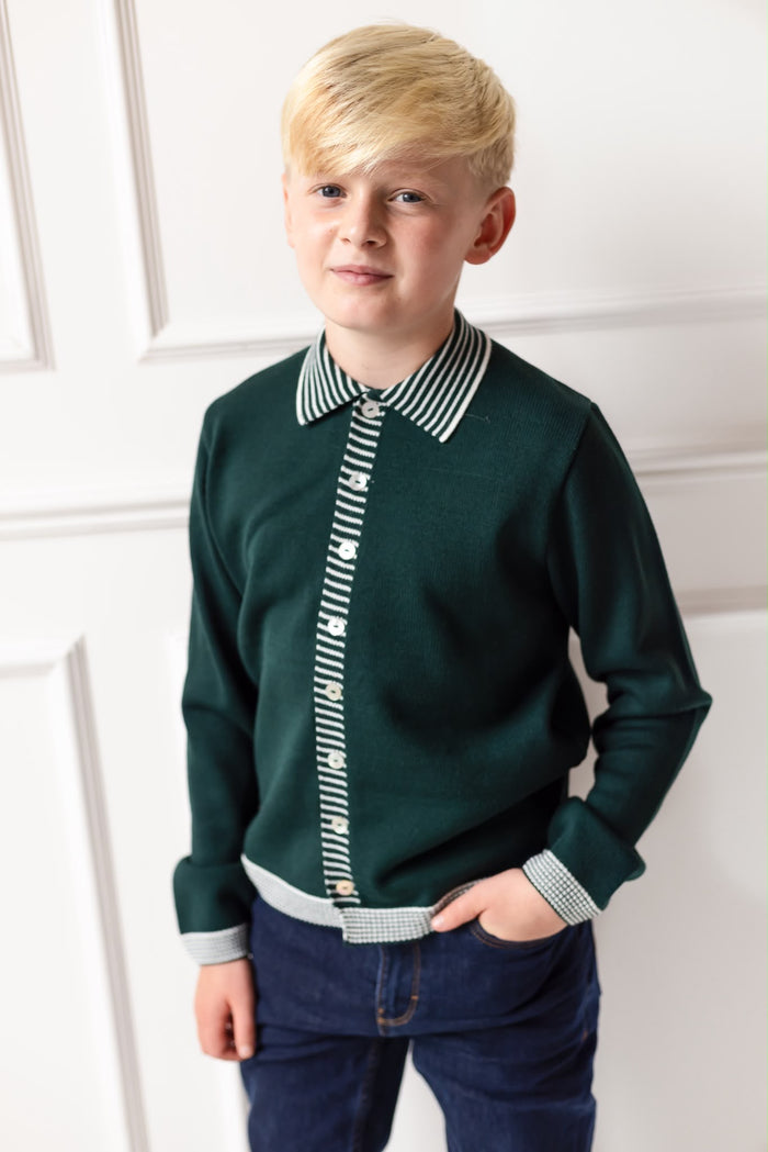 Boys Emerald Knitted Stripe Collar Top