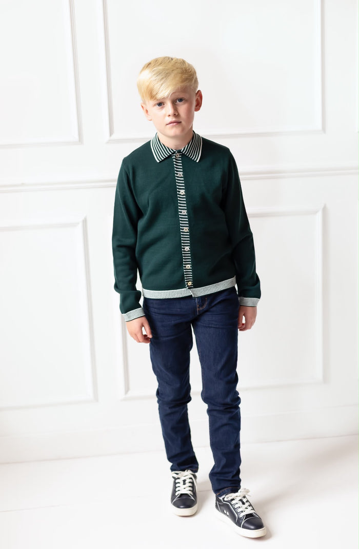 Boys Emerald Knitted Stripe Collar Top