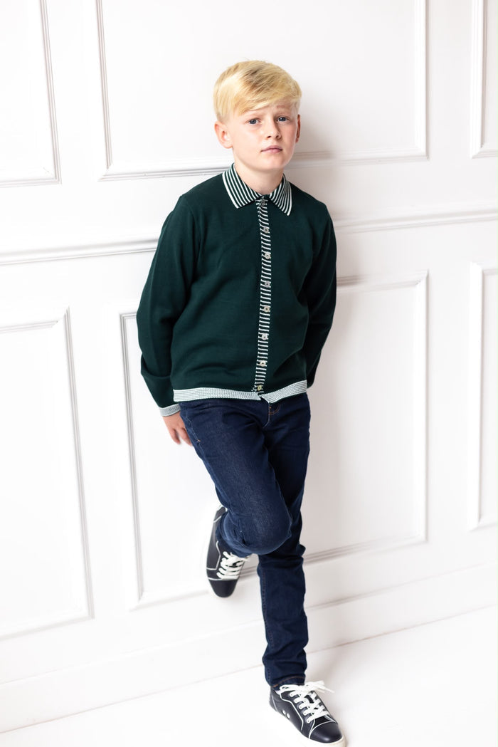 Boys Emerald Knitted Stripe Collar Top