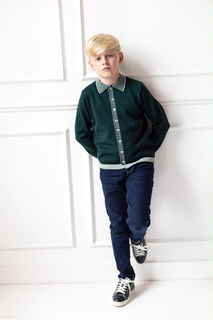 Boys Emerald Knitted Stripe Collar Top