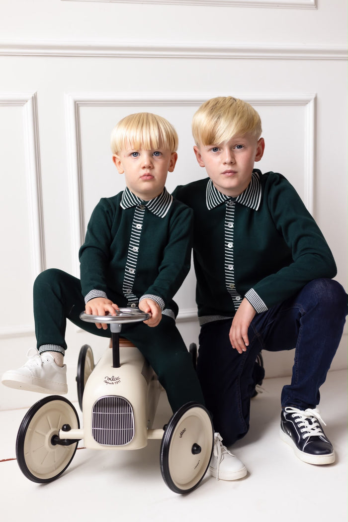 Boys Emerald Knitted Stripe Collar Top