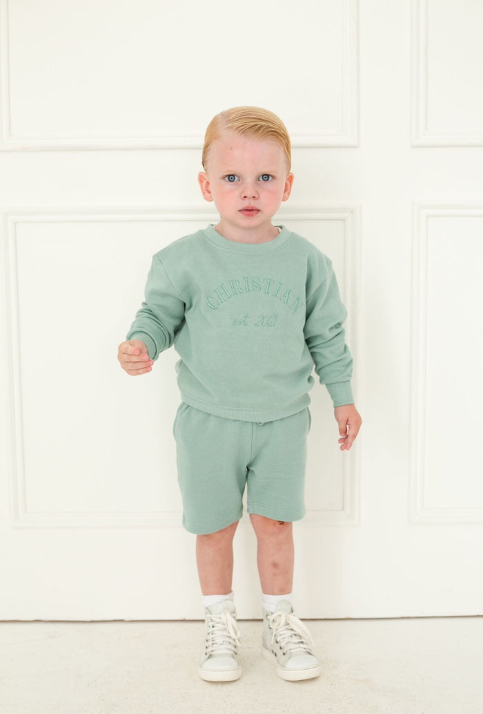 Boys Green Personalised Est Sweater and Short Set