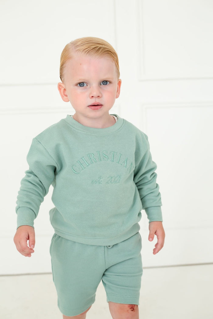Boys Green Personalised Est Sweater and Short Set