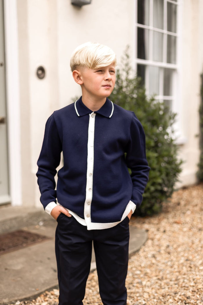 Boys Navy Knitted Button Down Top