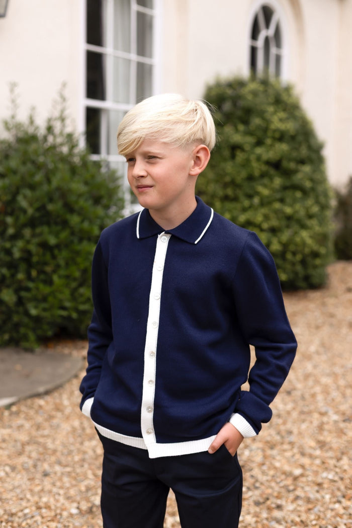 Boys Navy Knitted Button Down Top