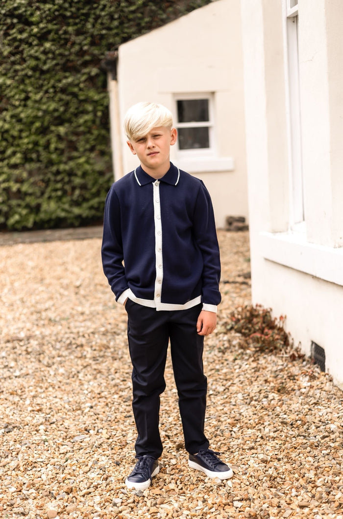 Boys Navy Knitted Button Down Top