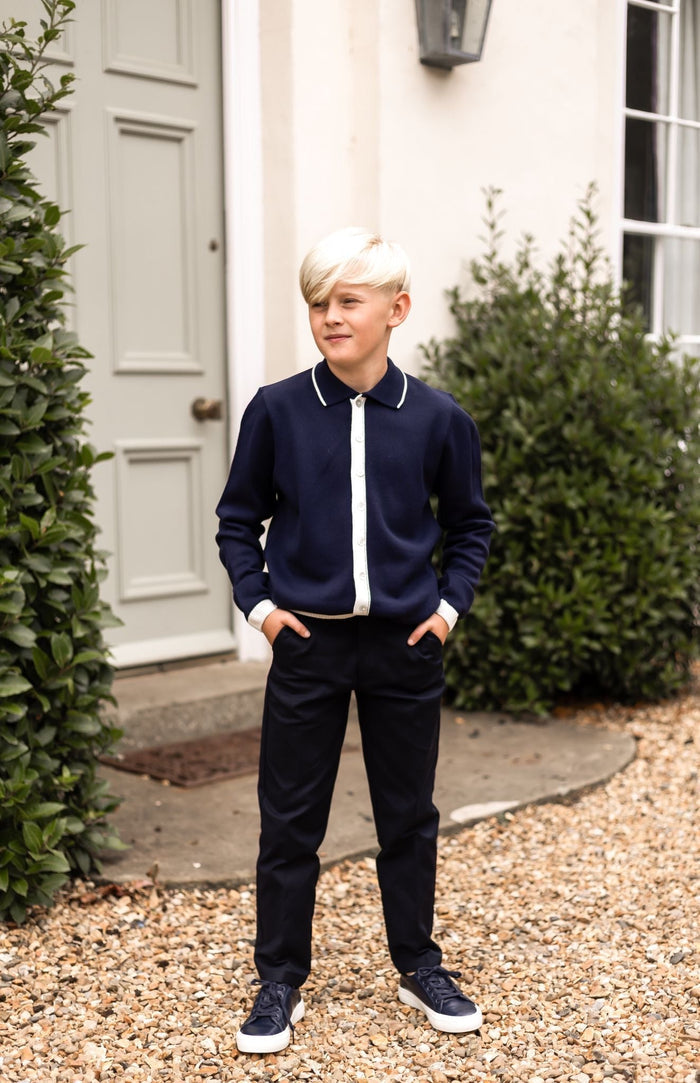 Boys Navy Knitted Button Down Top