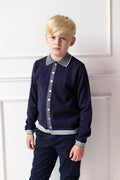 Boys Navy Knitted Stripe Collar Top