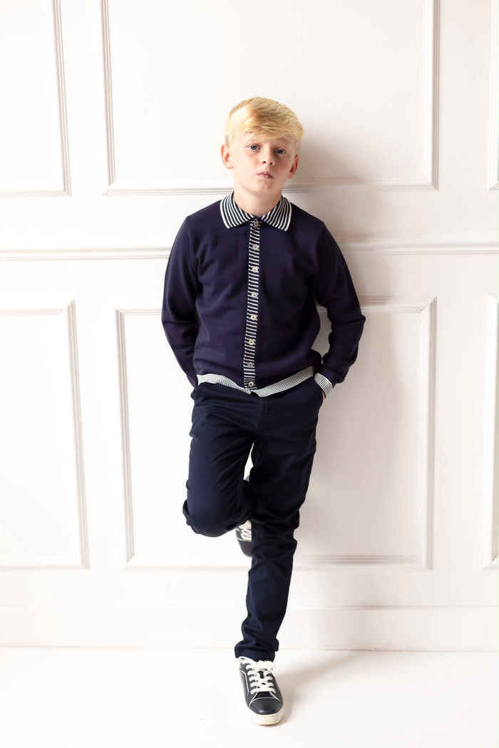 Boys Navy Knitted Stripe Collar Top