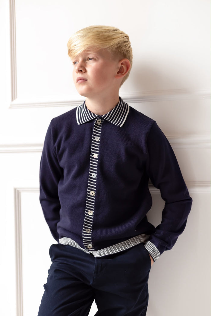 Boys Navy Knitted Stripe Collar Top