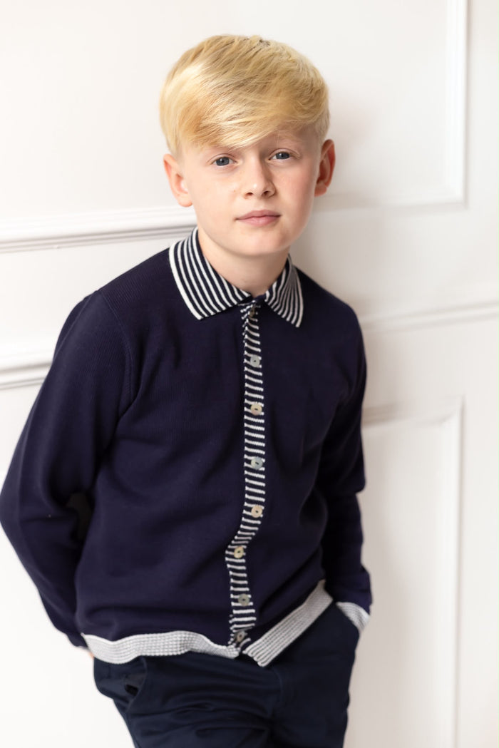 Boys Navy Knitted Stripe Collar Top