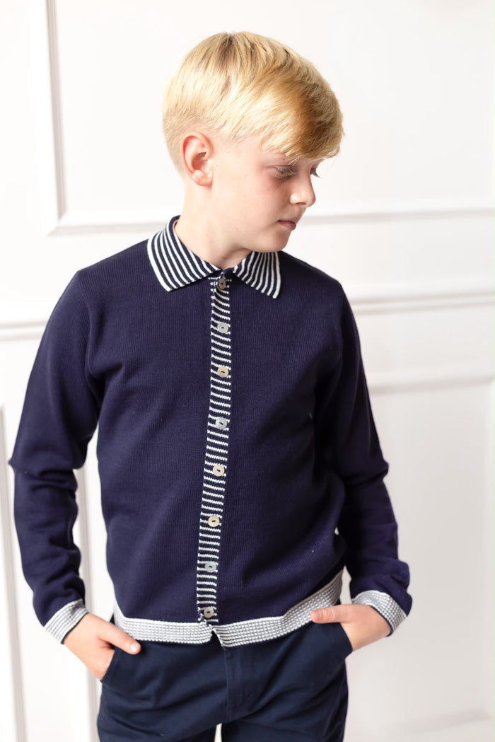 Boys Navy Knitted Stripe Collar Top