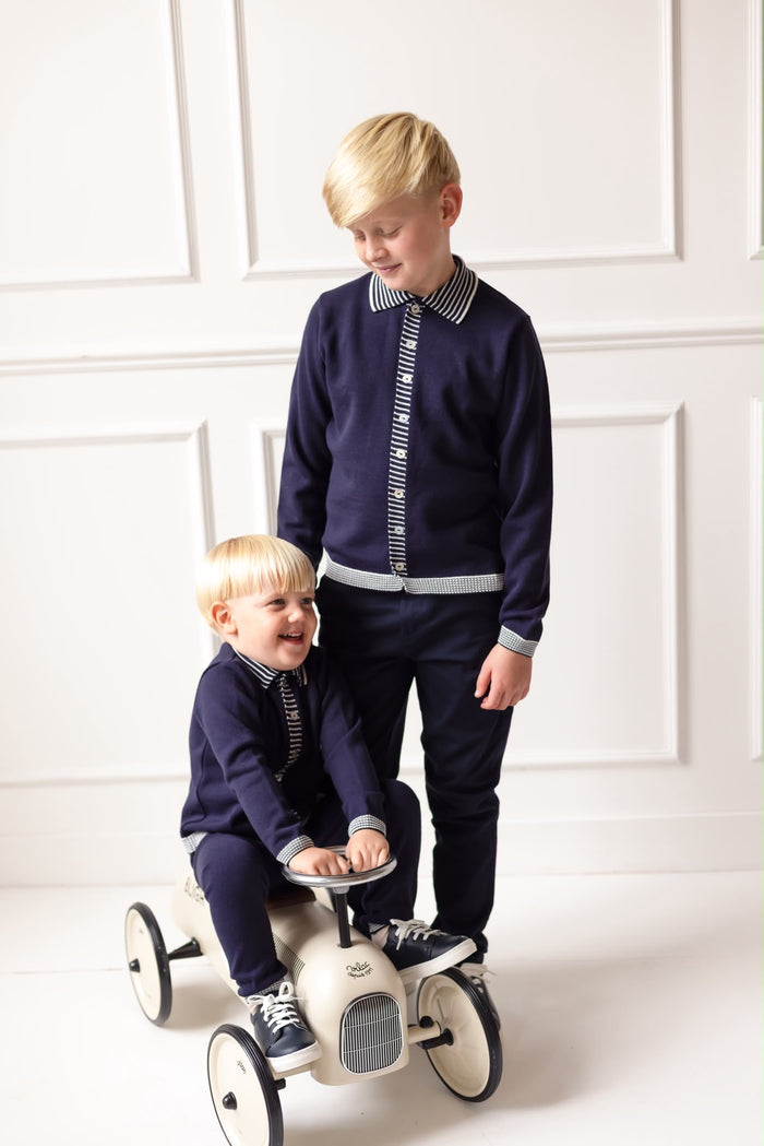 Boys Navy Knitted Stripe Collar Top