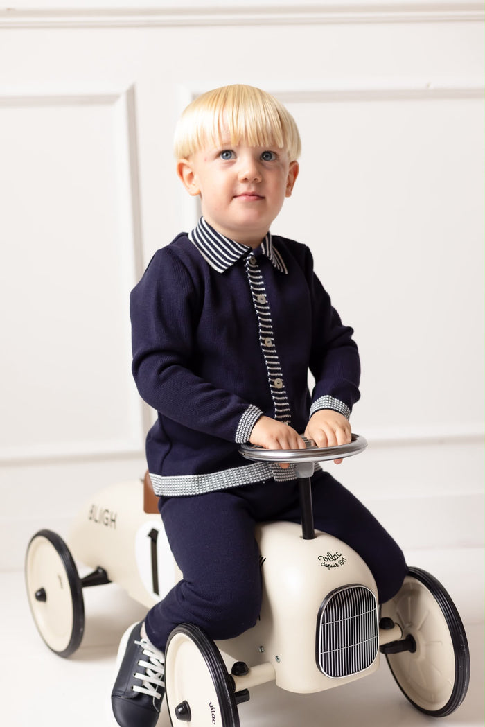 Boys Navy Knitted Stripe Collar Tracksuit
