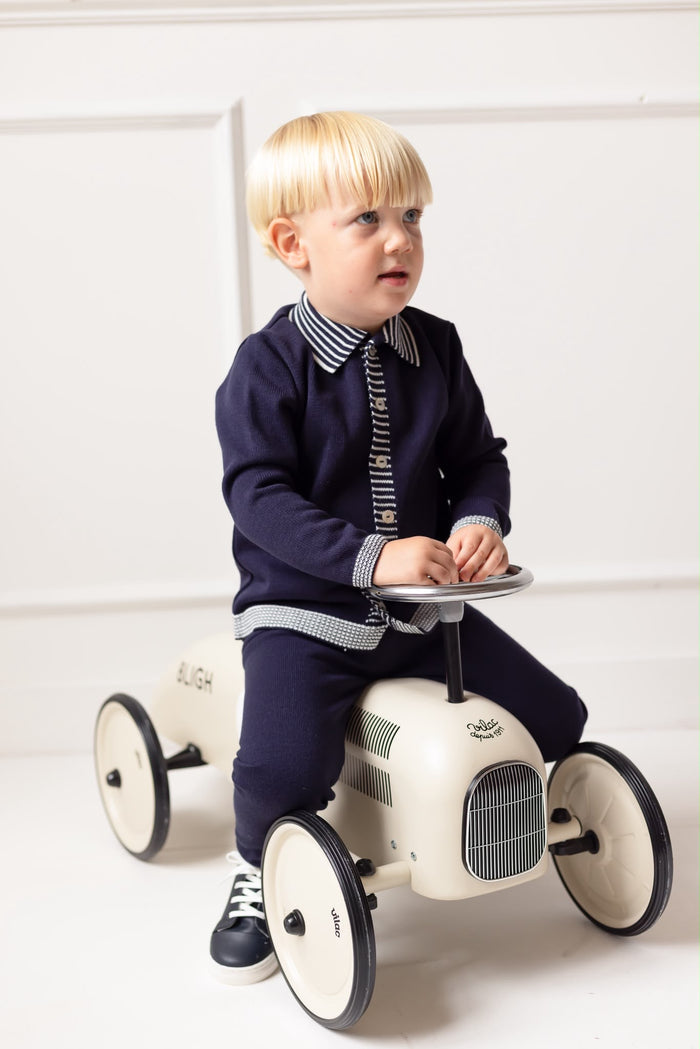 Boys Navy Knitted Stripe Collar Tracksuit