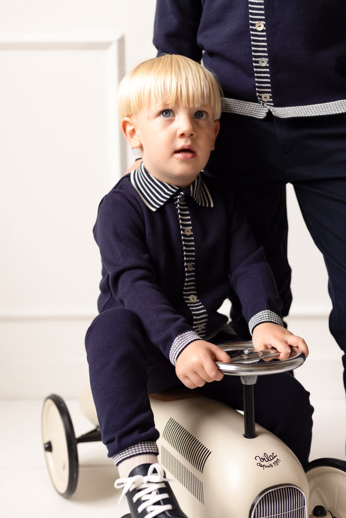 Boys Navy Knitted Stripe Collar Tracksuit
