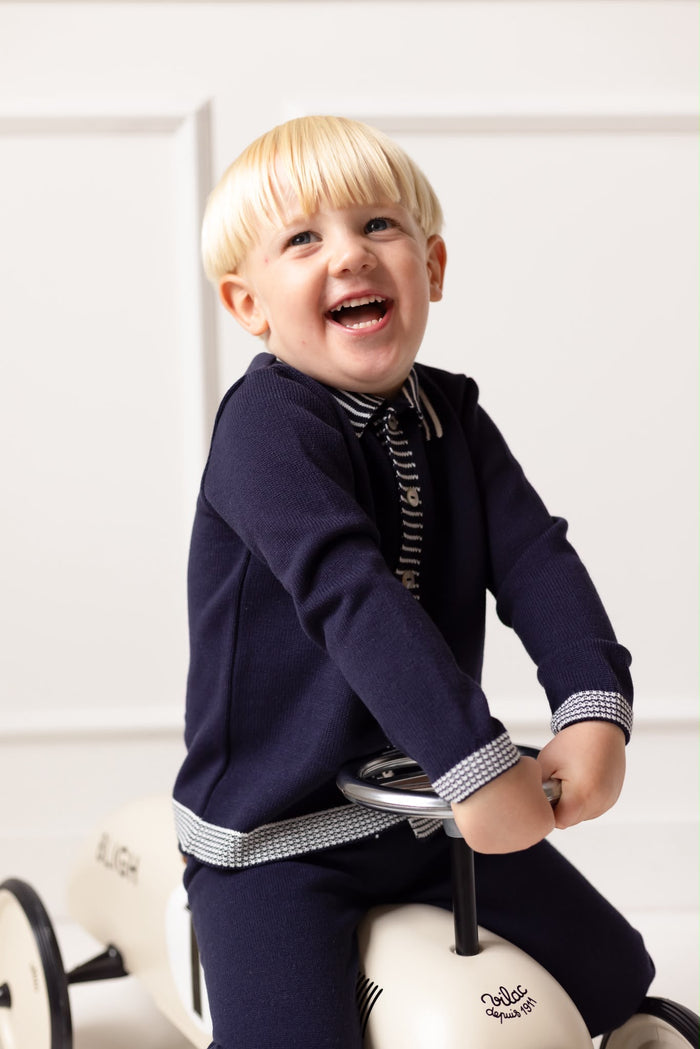 Boys Navy Knitted Stripe Collar Tracksuit