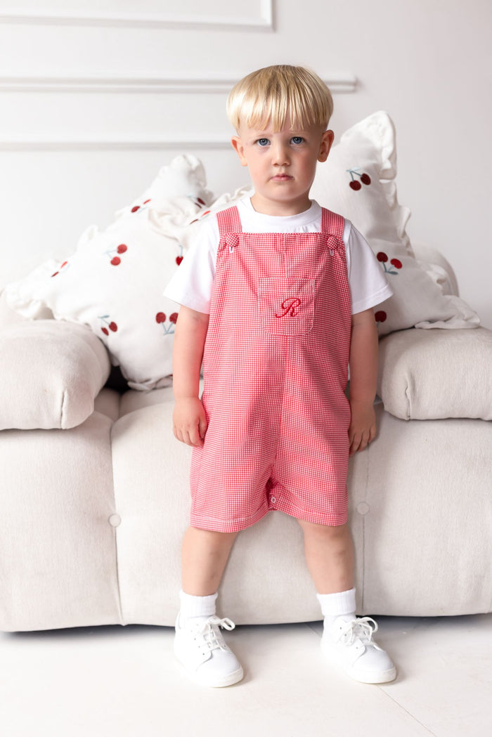 Boys Personalised Cherry Red Chic Top and Gingham Dungarees Set
