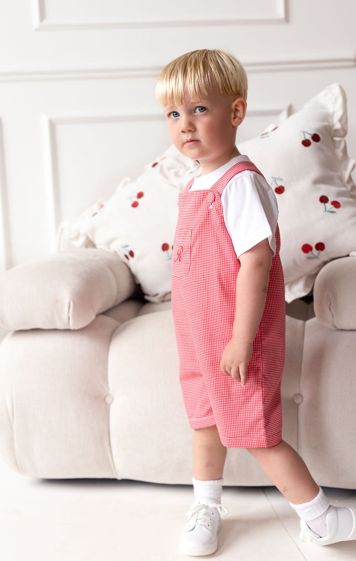 Boys Personalised Cherry Red Chic Top and Gingham Dungarees Set