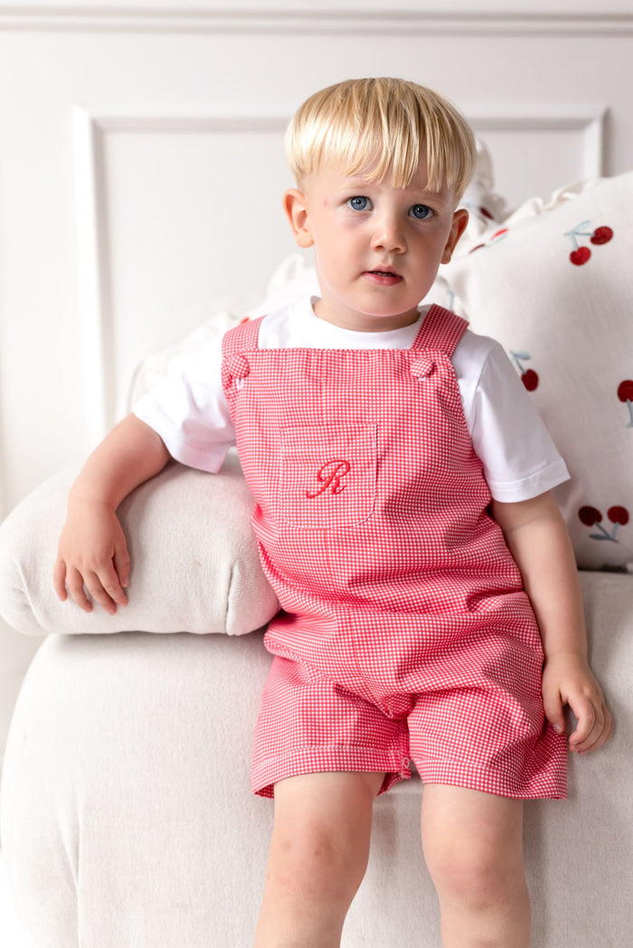 Boys Personalised Cherry Red Chic Top and Gingham Dungarees Set
