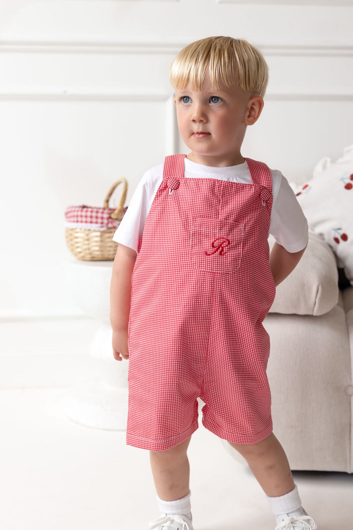 Boys Personalised Cherry Red Chic Top and Gingham Dungarees Set