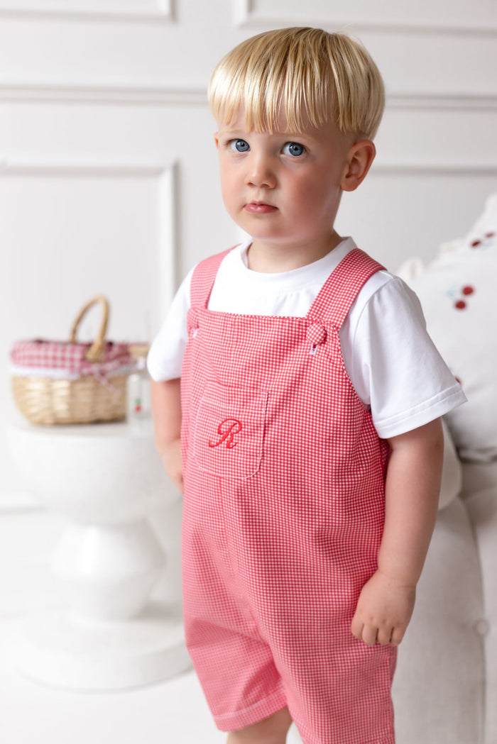 Boys Personalised Cherry Red Chic Top and Gingham Dungarees Set