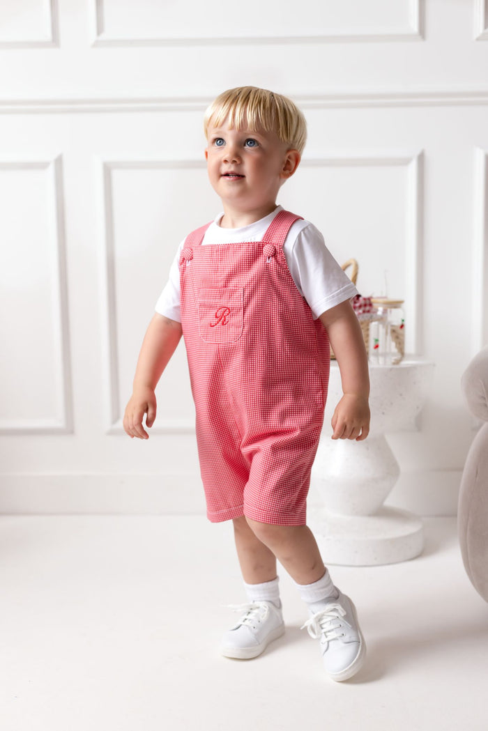 Boys Personalised Cherry Red Chic Top and Gingham Dungarees Set