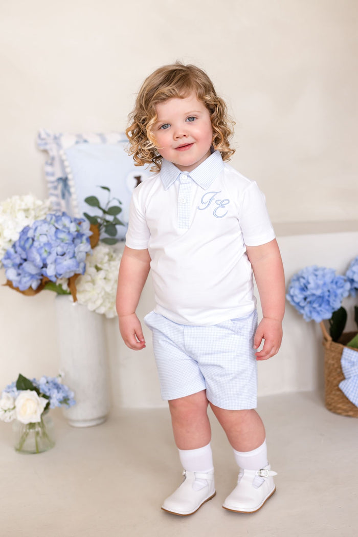 Boys Personalised Petite Bleu Polo and Gingham Short Set