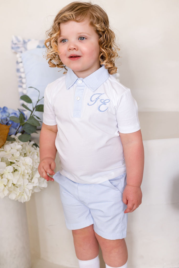 Boys Personalised Petite Bleu Polo and Gingham Short Set