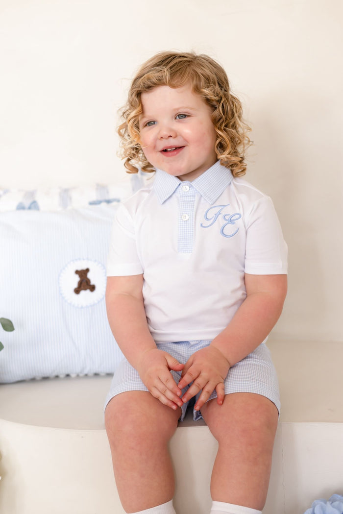 Boys Personalised Petite Bleu Polo and Gingham Short Set