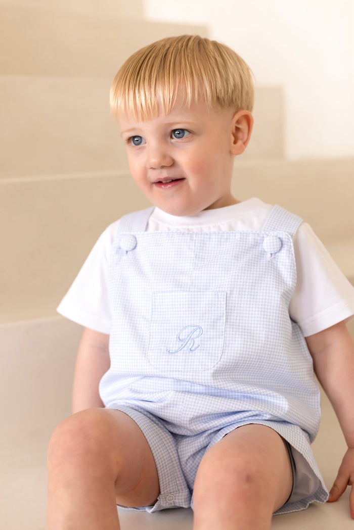 Boys Personalised Petite Bleu Top and Gingham Dungarees Set