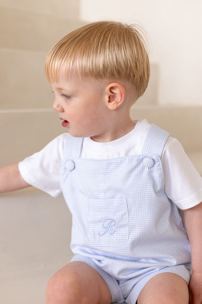 Boys Personalised Petite Bleu Top and Gingham Dungarees Set