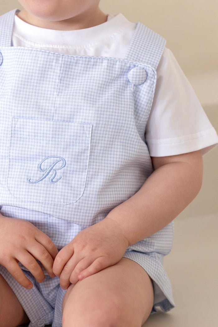 Boys Personalised Petite Bleu Top and Gingham Dungarees Set