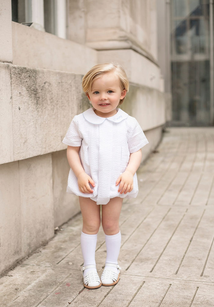Boys Personalised Seersucker Short Sleeve Romper Trimmed With Blue