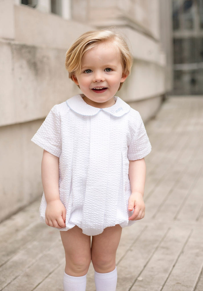 Boys Personalised Seersucker Short Sleeve Romper Trimmed With Blue