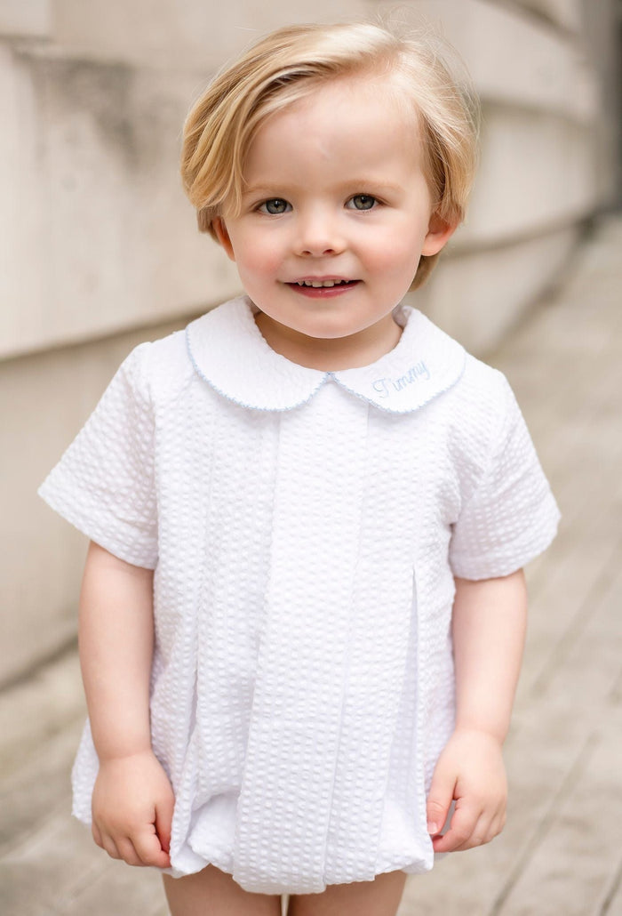 Boys Personalised Seersucker Short Sleeve Romper Trimmed With Blue