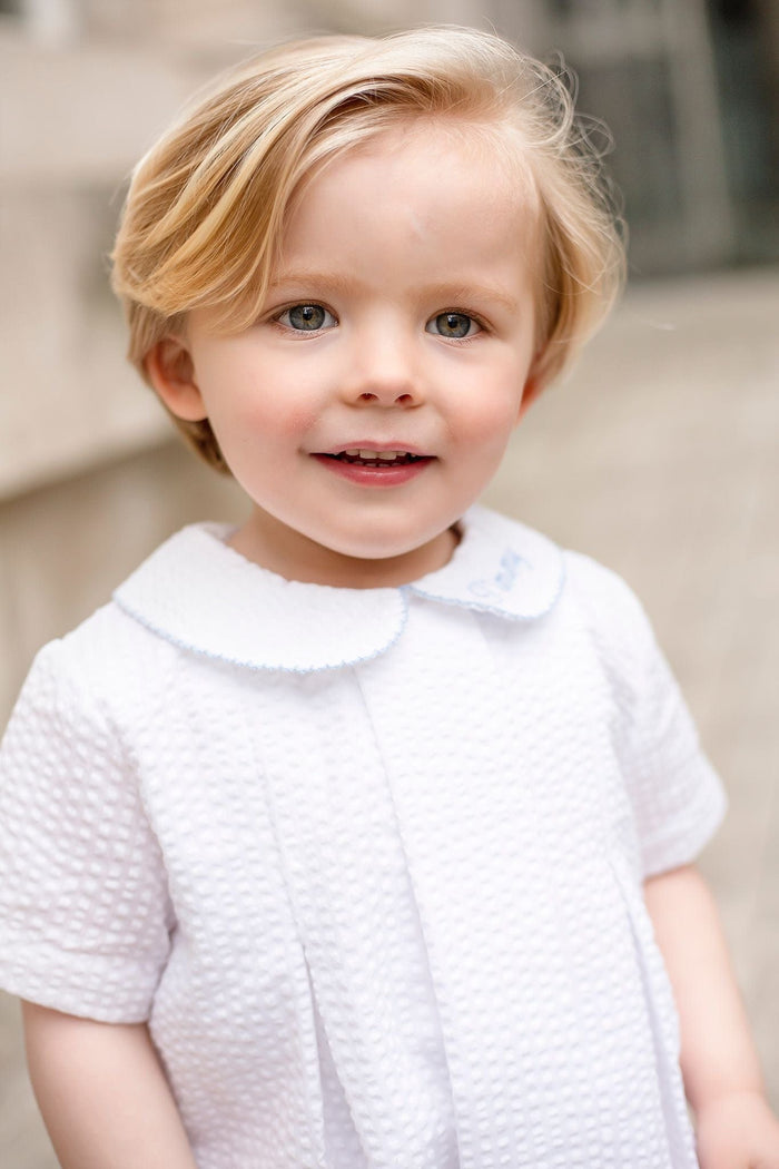 Boys Personalised Seersucker Short Sleeve Romper Trimmed With Blue