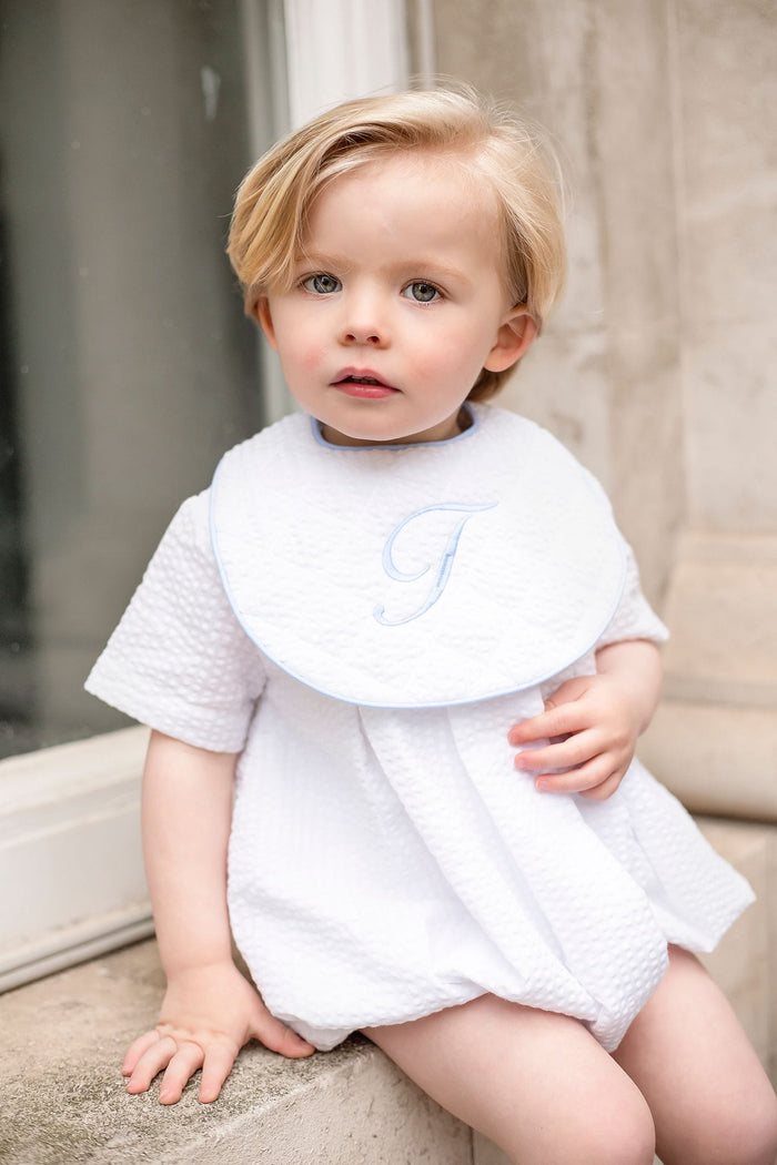 Boys Personalised Seersucker Short Sleeve Romper Trimmed With Blue