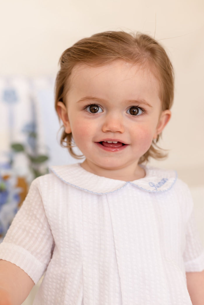 Boys Personalised Seersucker Short Sleeve Romper Trimmed With Blue